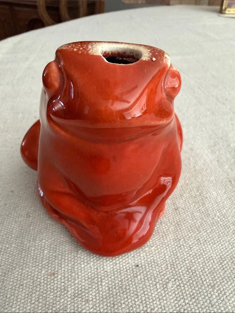 Vintage MCM Orange Ceramic Frog Figurine Toothbrush Caddy
